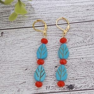 Boho Turquoise/Red Leaf Dangle Earrings